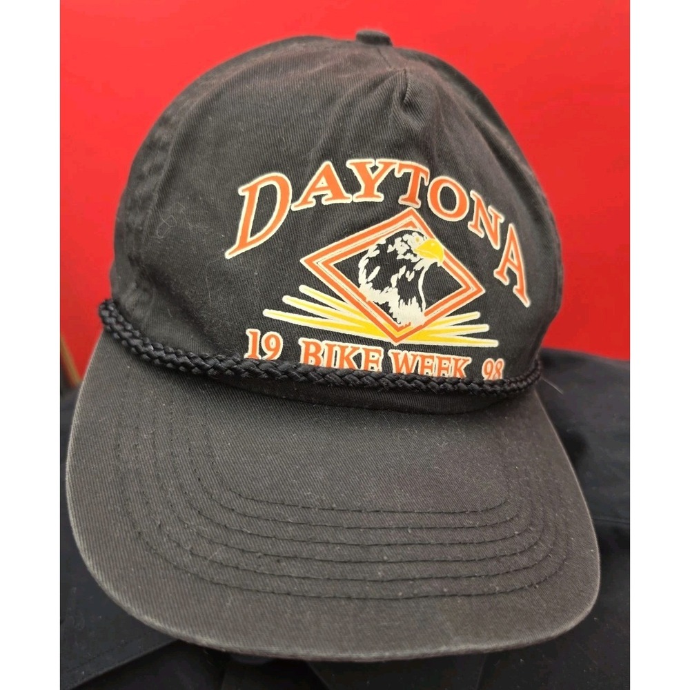 VTG 1998 Daytona Bike Week Snapback Hat Black Biker Cap 90s Anson Tag Cord Brim